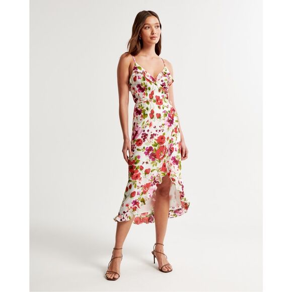 Abercrombie & Fitch Sleeveless Floral Ruffle Wrap Dress White, Red Size XLT - Picture 1 of 12